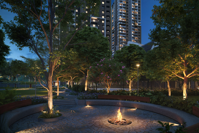 Outdoor campfire lounge at DSR The Address luxury apartments Sarjapur Road