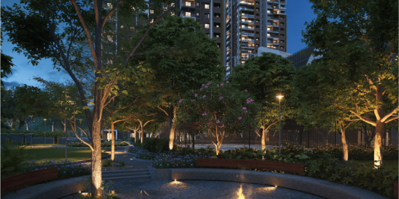 DSR The Address outdoor sitting area with landscaped greenery and premium leisure zones in Sarjapur Road Bengaluru